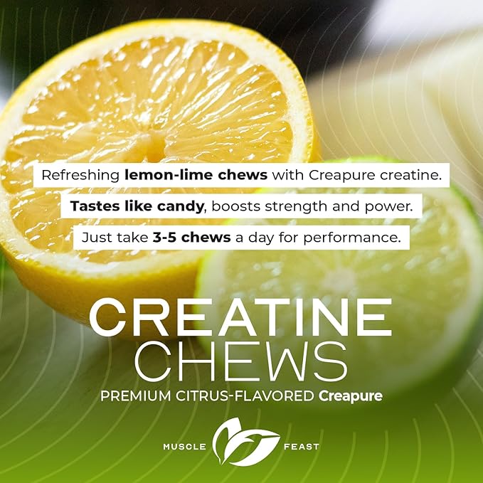 Muscle Feast Vegan Creatine Monohydrate, Gluten-Free Creapure Chews, Lemon Lime, 120 Tabs