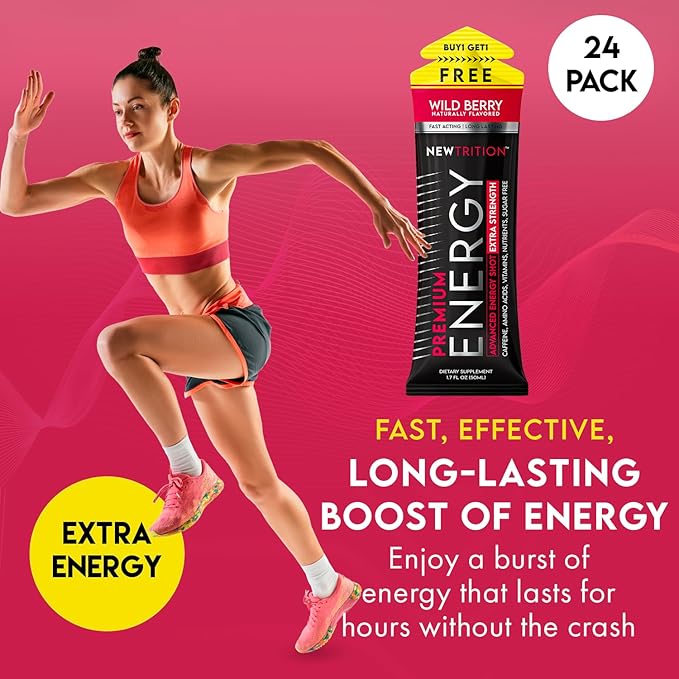 Extra Strength Energy Shots, Caffeine Energy Shots with Vitamin B & Amino Acids, Sugar-Free Vitamin Energy Shot, 1.7 fl oz, Wild Berry, 24 Count