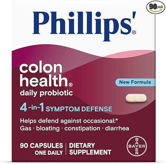 Phillips' Colon Health Daily Probiotic Capsules, 4-in-1 Symptom Defense to Help Defend Against Occasional Gas, Bloating, Constipation, and Diarrhea, Daily Supplement, 90 Count