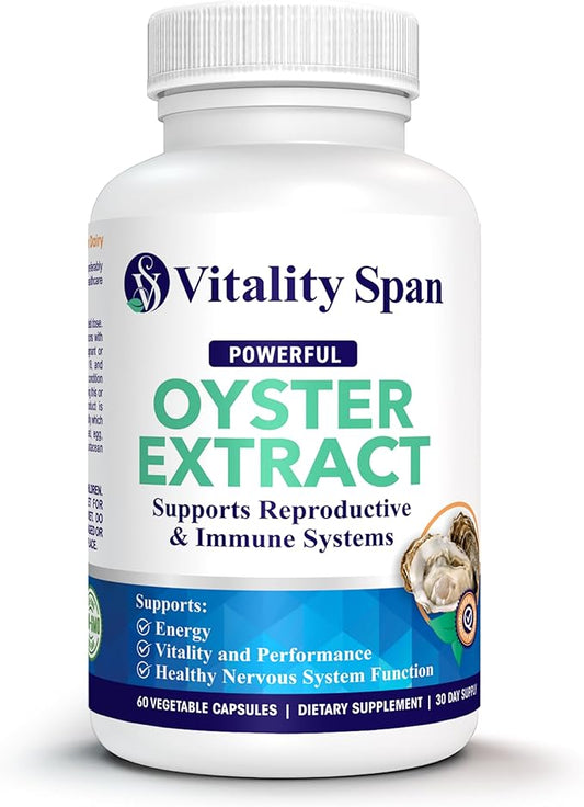Oyster Extract - Pure, Highly Concentrated Supplement for Men & Women – Supports Energy & Immune Boost; Zinc, Taurine, Amino Acids, and Vitamins, 500 mg, 60 Veg Capsules, Made in USA