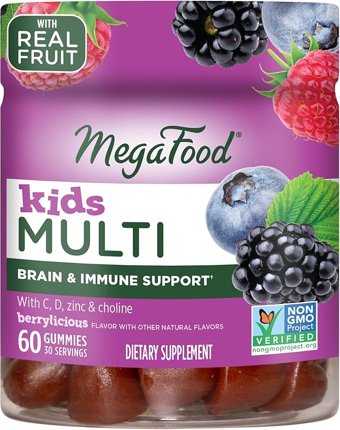 MegaFood Kids Multivitamin Gummies - Kids Vitamins - Age 4+ with Vitamin C, Vitamin D, Zinc, Choline, and Real Fruit - Brain & Immune Support - Berrylicious Flavor - 60 Gummies (30 Servings)
