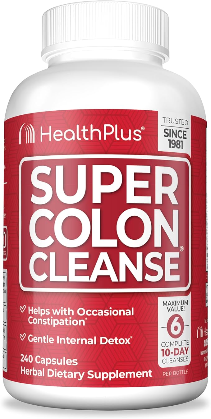 Health Plus Super Colon Cleanse 10 Day Gentle Gut Cleanse Detox, Psyllium Husk, Probiotics for Constipation Relief & Digestive Support, 240 Capsules