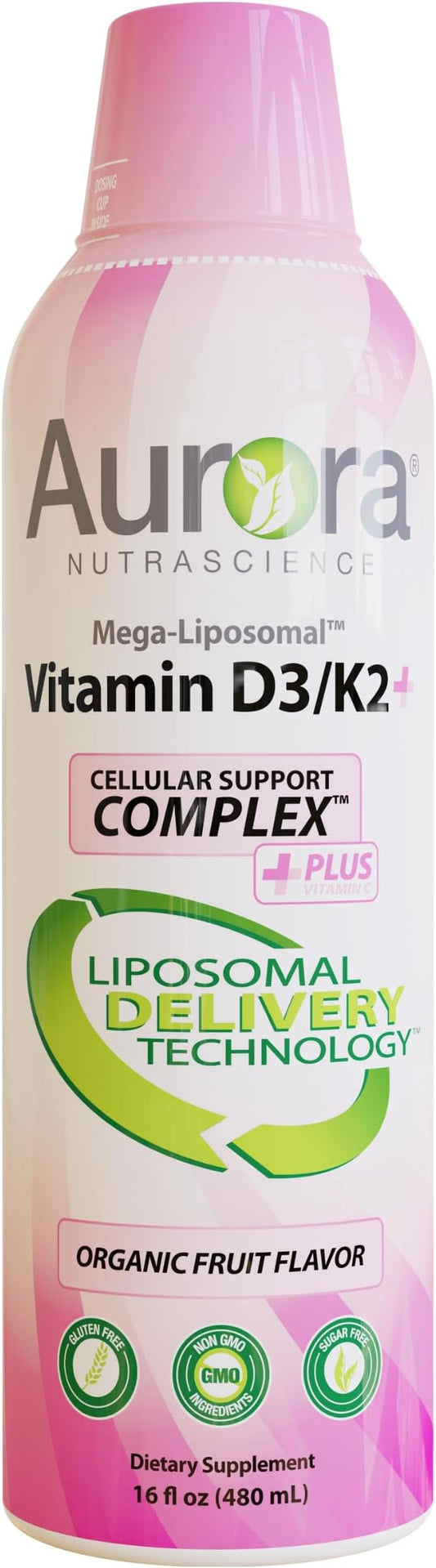 Aurora Nutrascience, Mega-Liposomal Vitamin D3/K2+ with Vitamin C, Organic Fruit Flavor, Gluten Free, Non GMO, 16 fl oz (480 ml)