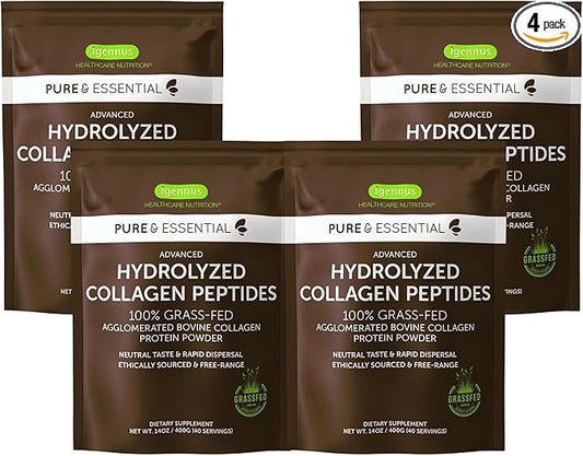 100% Grass Fed Bovine Collagen Protein Powder, Collagen Types 1, 2 & 3, Advanced Hydrolyzed Collagen Peptides, Non-GMO, Free Range, Gluten & Dairy Free, Easy Mix, 4 x 40 Servings, Pure & Essential