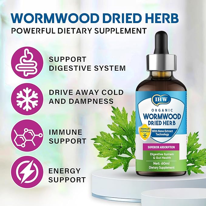 IHW Wormwood Liquid Drops, Organic Wormwood Drops with Black Walnut for Digestive and Intestinal System Support, Extra Strength Oral Gut Health Supplements