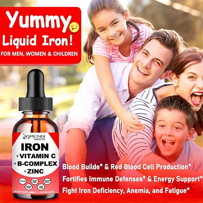 Liquid Iron Supplement w/Vitamin C, A, B-Complex, Vegan Iron Drops High Potency Liquid Vitamin & Iron Supplements for Women, Men & Children -Support Red Blood Cell, Energy, Anemia & Fatigue