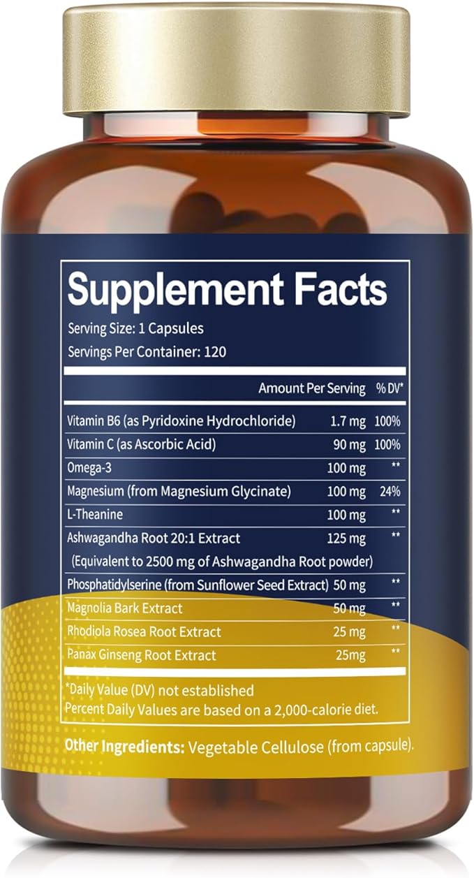 Cortisol Supplement with Ashwagandha,Magnesium,Rhodiola Rosea,L Theanine,Hormone Balance for Women Mood, Focus, Sleep Support 120 Vegan Capsules (Pack of 1)