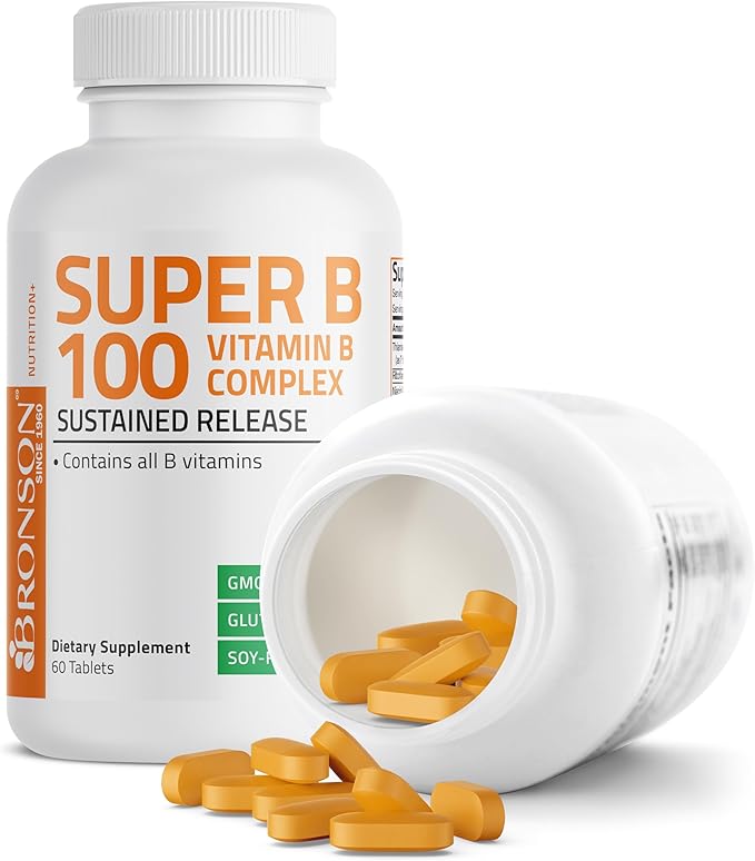 Bronson Vitamin B 100 Complex High Potency Sustained Release (Vitamin B1, B2, B3, B6, B9 - Folic Acid, B12), 60 Tablets