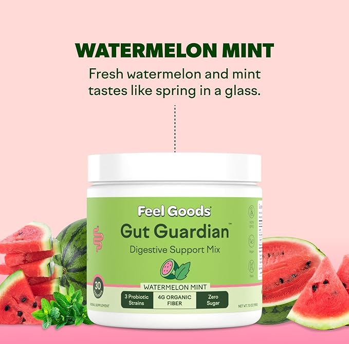 Feel Goods Gut Guardian, Prebiotic & Probiotic Powder, Organic Fiber, Sugar Free, Herbs for Bloat, Gut Health Support, Digestive Health for Men & Women, Non GMO, Vegan | Watermelon Mint, 30 Servings