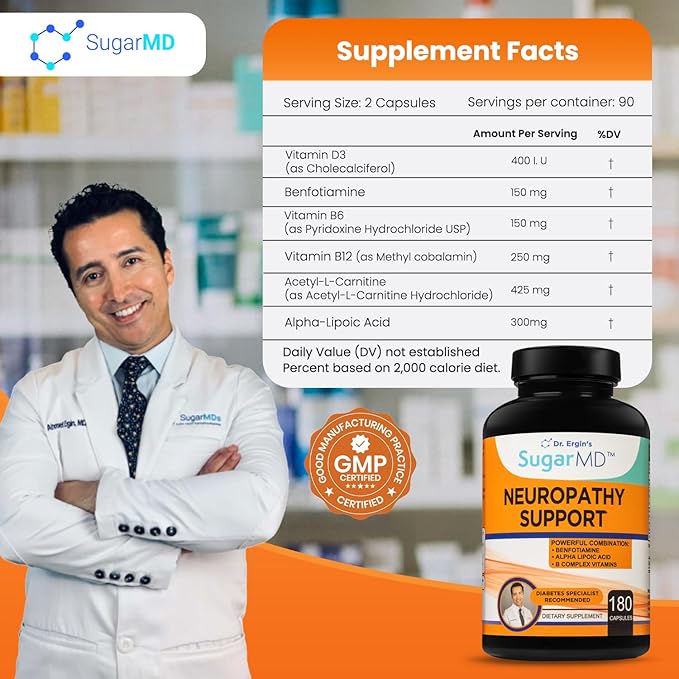 SugarMD Neuropathy Support Supplement – 180 Nerve Supplement Capsules with Alpha Lipoic Acid, Benfotiamine & Vitamin D3 B6 B12 - Nerve Support Supplement for Feet Hands Fingers & Legs - 90 Day Supply