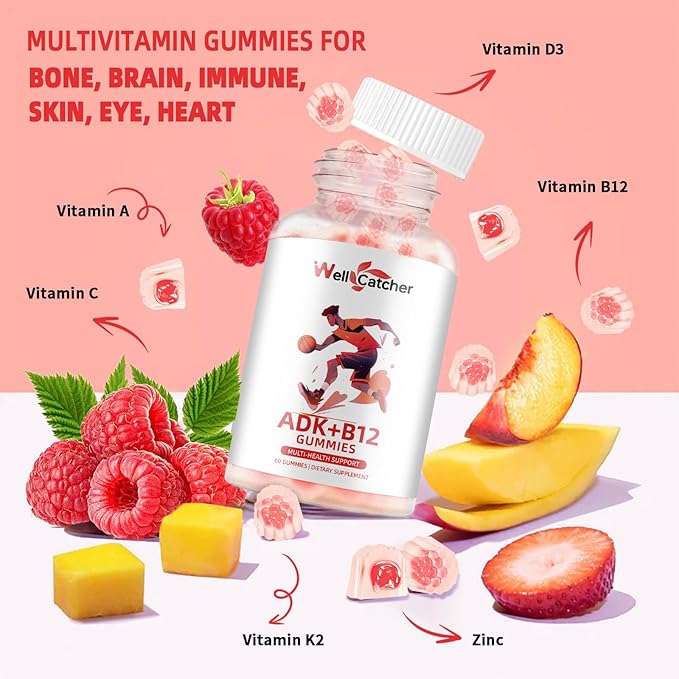 Vitamin ADK+B12 Gummies Sugar Free with Vitamin D3 K2 B12 K2 (MK-7) Chewable Vegan Multivitamin Supplement for Men Women Bone Brain Immune Skin Eye Heart 60 Counts Raspberry Flavored 2 Packs