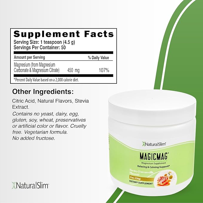 NaturalSlim Magicmag Pure Magnesium Citrate Powder Stress, Constipation, Muscle, Heart Health, and Sleep Support | Honey Chamomile Magnesium Supplement - 8oz Drink Mix (Solo)