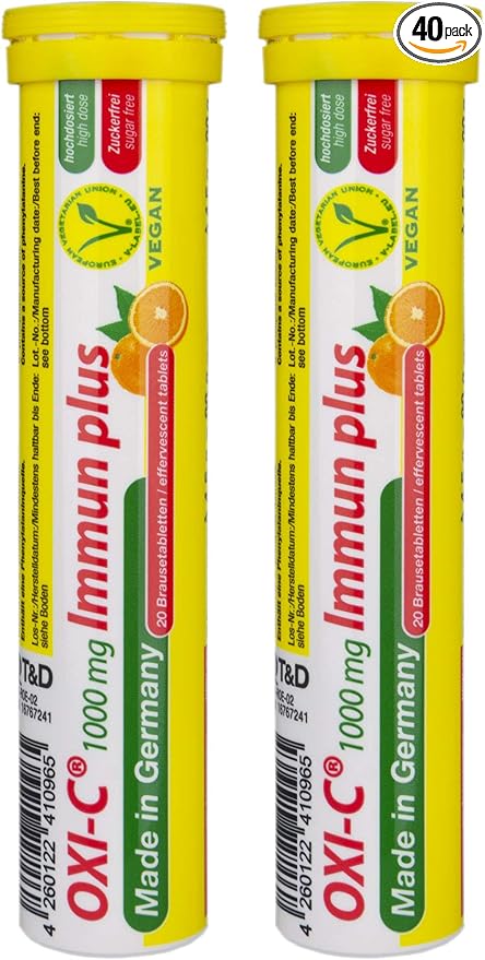 T&D Oxi C 1000 mg Vitamin C - 40 Vegan Drink Effervescent Tablets - Orange Flavor - Made in Germany