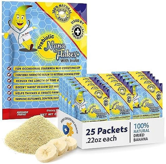 Nutritional Designs, Prebiotic Nana Flakes with Inulin, 100% Pure Banana Flakes, Gut Health, High Protein & Fiber, Natural Diarrhea Remedy, IBS Relief, for Adults & Kids 4+ (25 Single-Serve Packs)