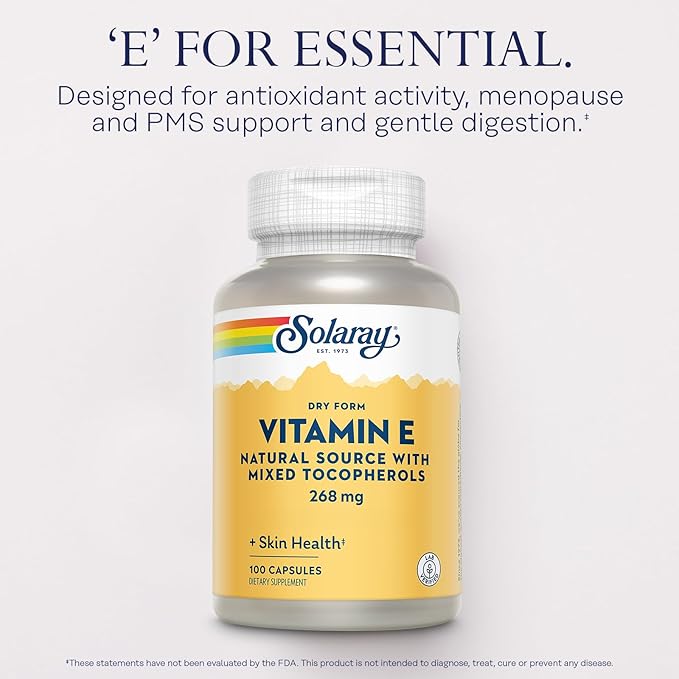 SOLARAY Vitamin E 400 IU (268mg), Dry Form - Natural Source, Mixed Tocopherols Vitamin E - Antioxidant Supplement, PMS and Menopause Support - 60-Day Guarantee, Lab Verified - 100 Serv, 100 Capsules