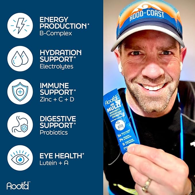 Root'd Multivitamin Powder for Men - 24 Vitamins & Minerals with 3X Electrolytes, 9 Organic Superfoods, Probiotics & Enzymes, Sugar-Free Multivitamin & Hydration | 15 Vitamin Drink Mix Packets