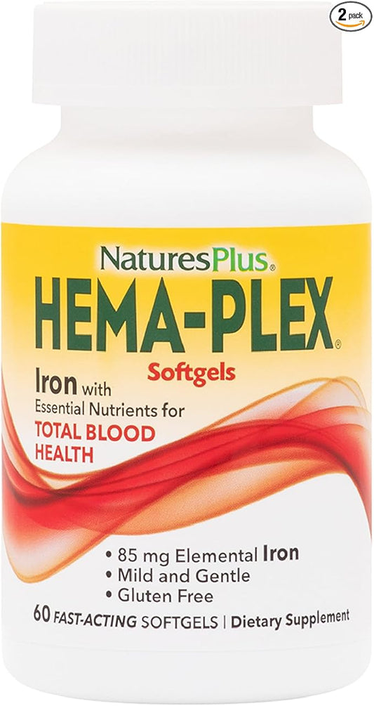 NaturesPlus Hema-Plex Iron - 60 Fast-Acting Softgels - 2 Pack - 85 mg Iron + Vitamin C & Bioflavonoids for Healthy Red Blood Cells - Vegan, Gluten Free - 40 Total Servings