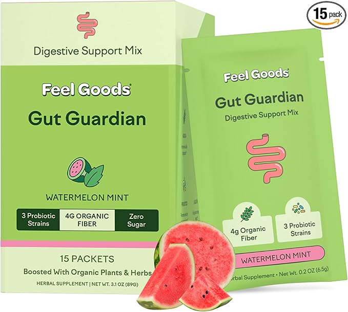 Feel Goods Gut Guardian, Prebiotic & Probiotic Powder, Organic Fiber, Sugar Free, Herbs for Bloat, Gut Health Support, Digestive Health for Men & Women, Non GMO, Vegan | Watermelon Mint, 15 Count