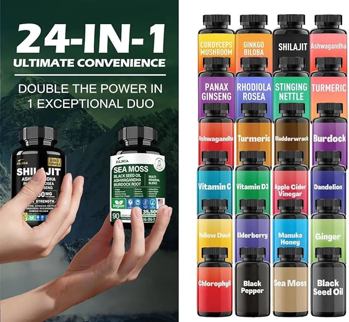Shilajit 9000mg, Sea Moss 17500mg, Ginger & Black Seed Oil 4000mg, Ashwagandha 5000mg, Rhodiola Rosea, 1000mg Panax Ginseng 1500mg, All in 1 Supplement - Sea Moss & Shilajit Vitality Bundle