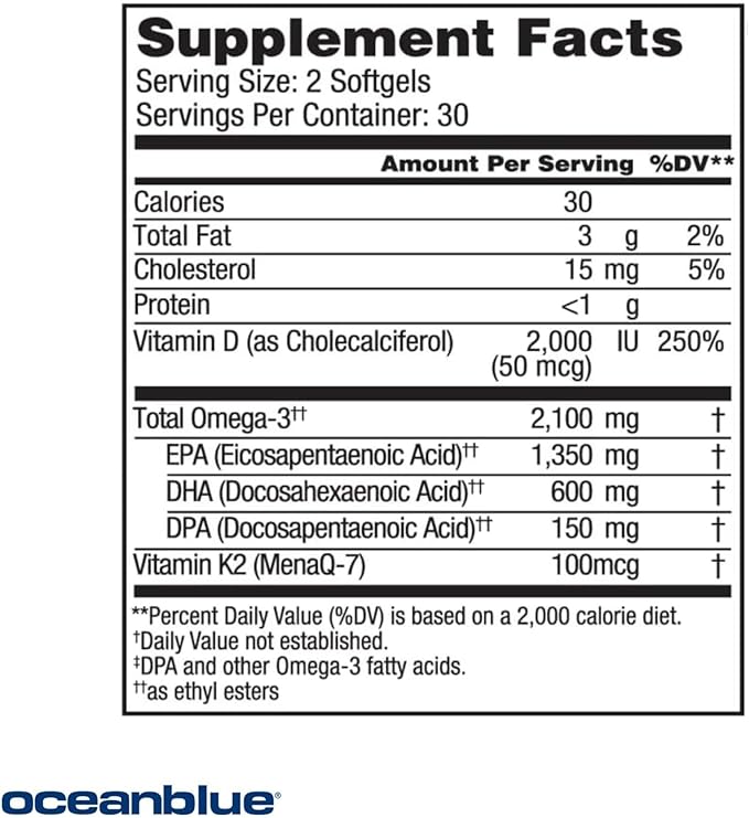 Oceanblue Professional Omega-3 2100 with Vitamin K2 and Vitamin D3-120 Count 2 Pack- Triple Strength Burpless Fish Oil Supplement with EPA, DHA & DPA - Wild Caught - Orange Flavor, 60 Servings