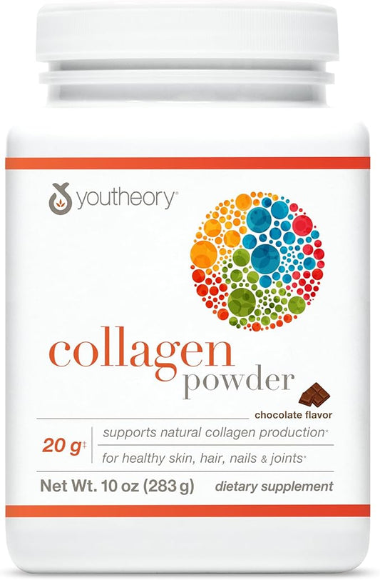 Youtheory Collagen Powder - Premium Collagen Supplement with Vitamin C & Biotin - Supports Healthy Hair, Nails, Skin & Joints* - Dairy, Soy, & Gluten Free - Chocolate, 10 oz