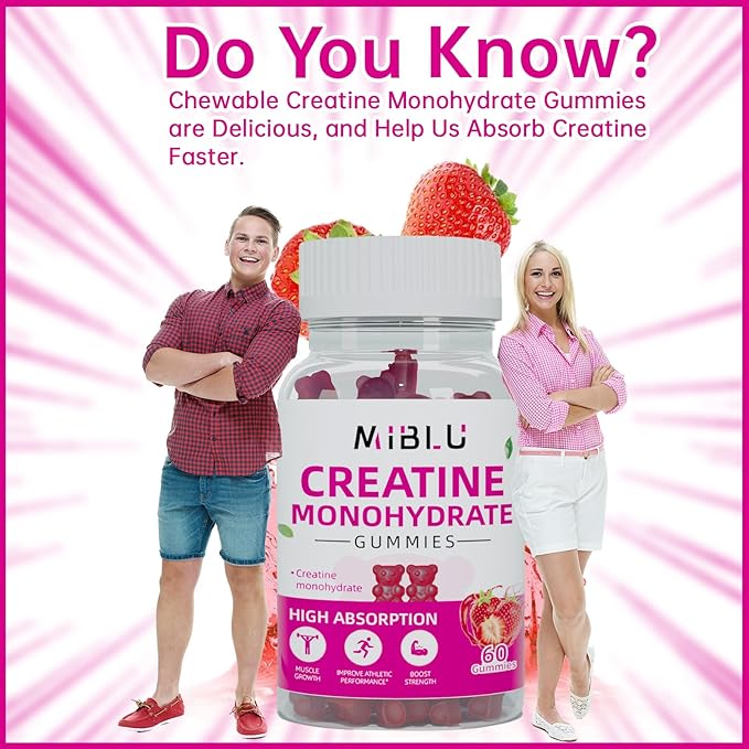 Chewables Creatine Monohydrate for Muscle Strength & Builder, 5000mg Pre-Workout Creatine Monohydrate Gummies for Men & Women, Energy Boost, 60 Count - Strawberry.