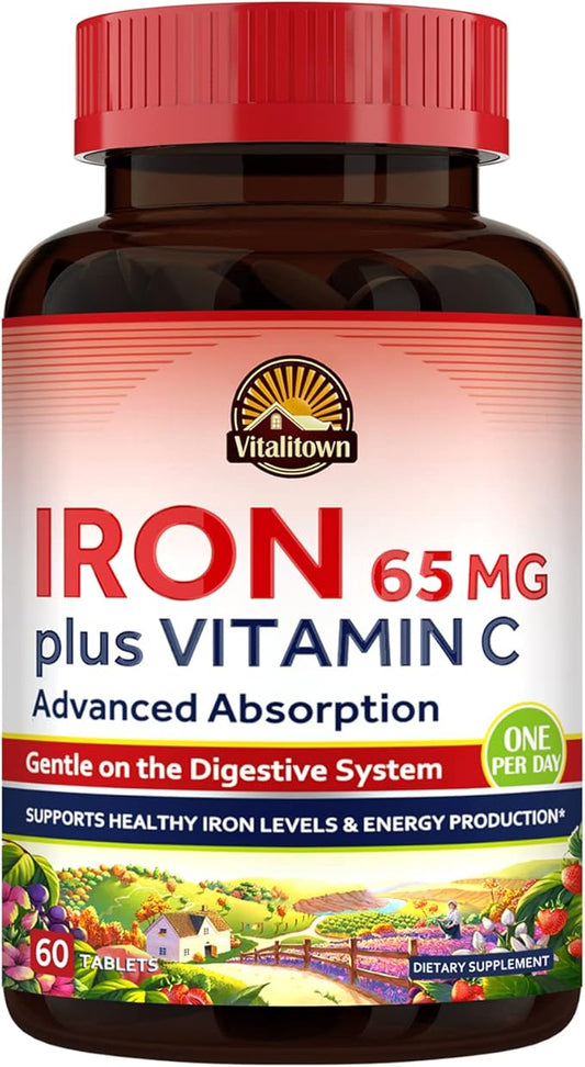 Vitalitown Iron Supplement for Women Men, Hign Potency 65mg Iron with Vitamin C 250mg, Less Constipating, Better for Blood Building & Energy Improvement, No Gluten, Non-GMO 60 Vegan Iron Pills