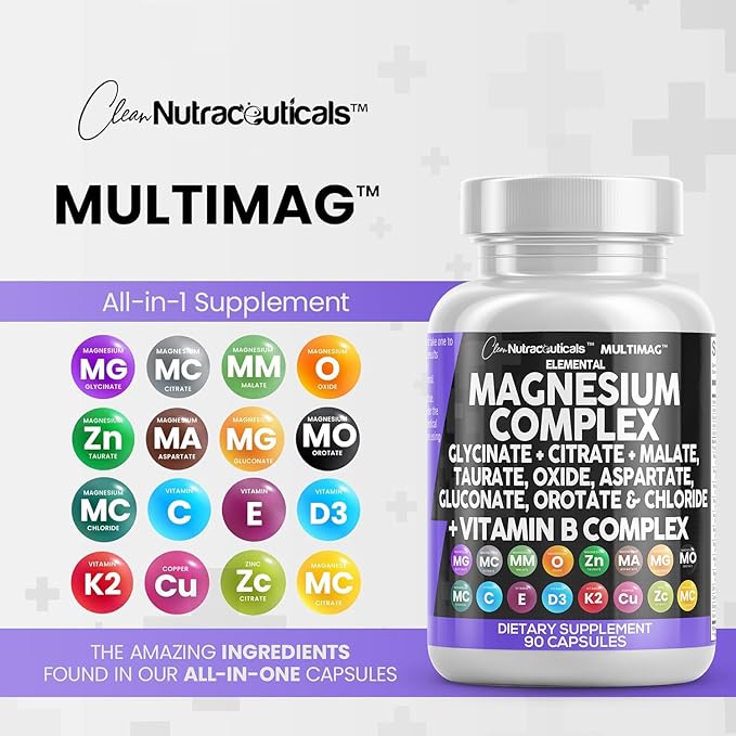 Clean Nutraceuticals Magnesium Complex 2285mg with Magnesium Glycinate Citrate Malate Oxide Taurate Aspartate Orotate & Mag Chloride, Zinc Copper Manganese & Vitamin C B1 B2 B6 B12 Complex - 1Pack