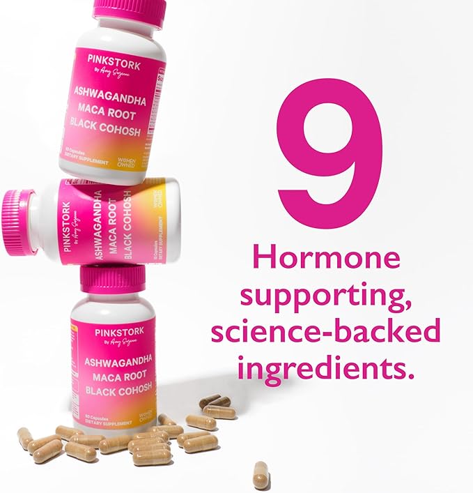 Pink Stork Ashwagandha, Maca Root, and Black Cohosh - Hormone Balance for Women - 9 Clinically-Studied Herbs for Perimenopause and Menopause - Hot Flashes, Mood Swings, Energy, 60 Capsules