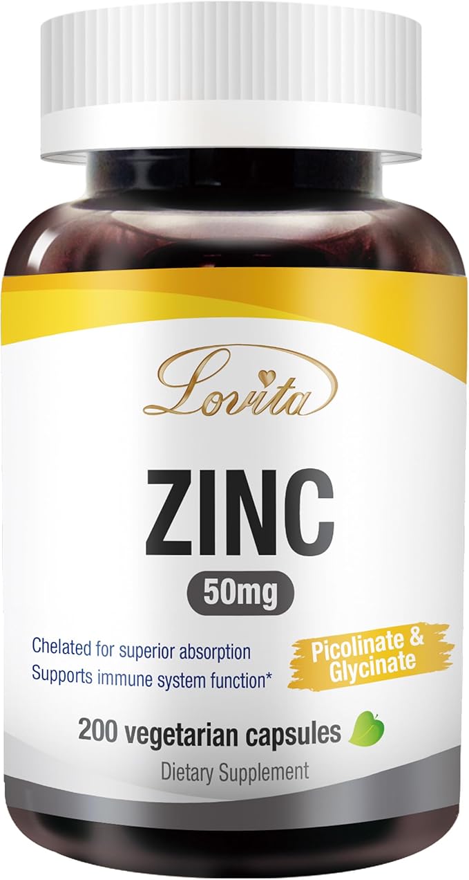 Lovita Zinc 50mg | Potent Highly-Absorbed Chelated Zinc Supplements, Picolinate & Bisglycinate | Vegan, Gluten Free, Non-GMO | for Immune, Antioxidant Support & Healthy Skin | 200 Capsules