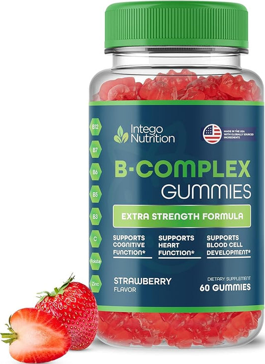 Vitamin B Complex Gummies for Adults, B Complex Vitamin Supplement for Women and Men, B Vitamins Complex Gummies for Energy and Brain Health, Natural Strawberry Flavor, 60 Count