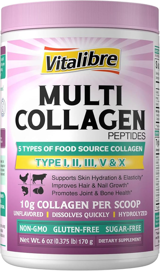 Multi Collagen Peptides Powder Type I II III V X, Hydrolyzed Collagen Protein for Women and Men, Skin, Hair, Nails and Joints, Unflavored, Non-GMO, Keto & GF, Zero Sugar, 17 Servings, 6oz