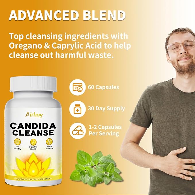Airboy Candida Cleanse,Gut Colon Cleanse Detox for Women & Men,Candida Support with Oregano Leaf, Caprylic Acid，Wormwood, Black Walnut-60 Counts
