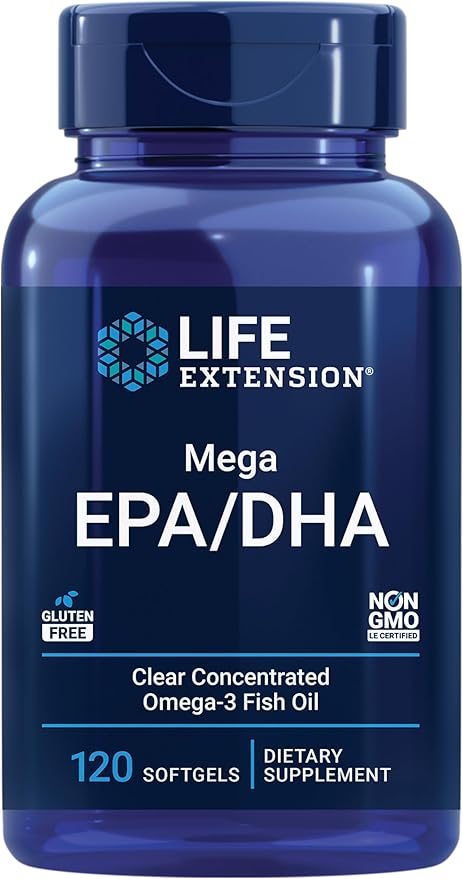 Life Extension Mega EPA/DHA, Omega-3 Fatty acids, Heart & Brain Health, Inflammation Health Support, Non-GMO, Gluten-Free, 120 softgels