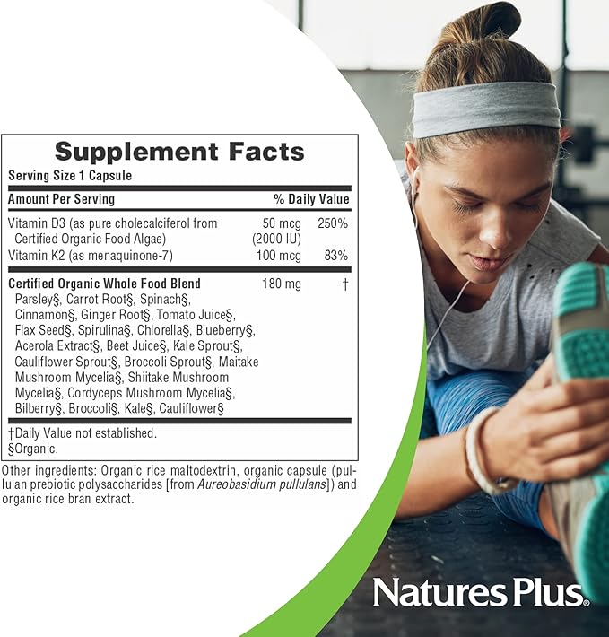 Natures Plus Source of Life Garden Vitamin D3 & K2-60 Vegan Capsules - Promotes Bone Support, Immune Function, Cardiovascular Health & Mood Balance - Vegan, Gluten Free - 60 Servings