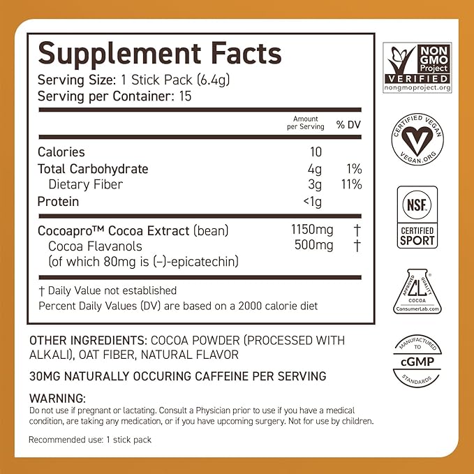 CocoaVia Cardio Health Cocoa Powder, 15 Single Serve Sticks, 500mg Cocoa Flavanols, Support Heart Health, Boost Nitric Oxide, Improve Circulation, Energy, Preworkout, Travel-Friendly, Vegan, Cacao