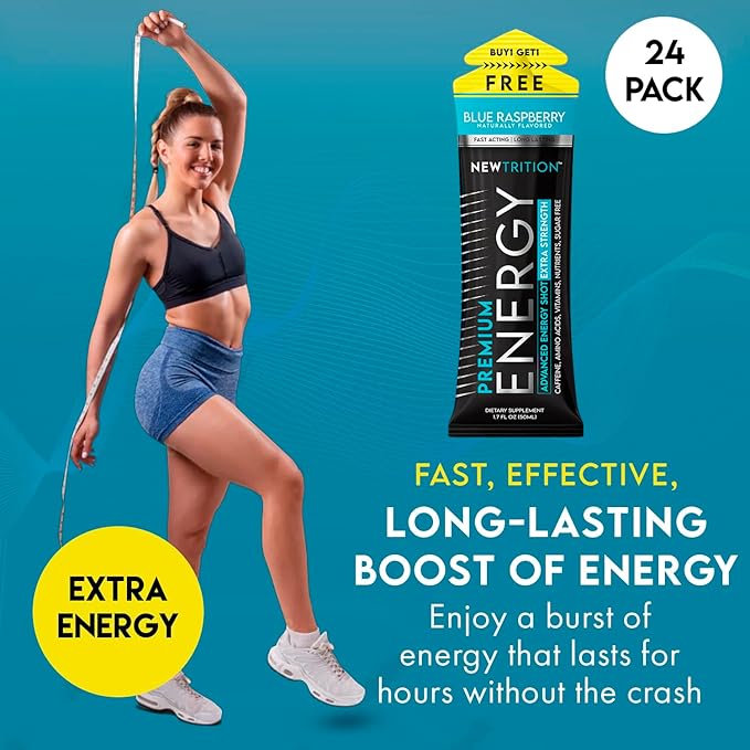 Extra Strength Energy Shots, Caffeine Energy Shots with Vitamin B & Amino Acids, Sugar-Free Vitamin Energy Shot, 1.7 fl oz, Blue Raspberry, 24 Count