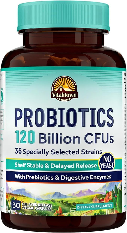 VITALITOWN Probiotics 120 Billion CFUs | 36 Strains, with Prebiotics & Digestive Enzymes for Men Women | Shelf Stable | Digestive Health & Immune Support | Vegan, Non-GMO | 30 Delayed Release Veg Caps