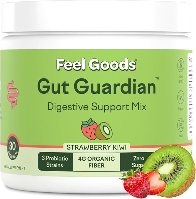 Feel Goods Gut Guardian, Prebiotic & Probiotic Powder, Sugar Free, Organic Fiber, Herbs for Bloat, Gut Health Support, Digestive Health for Men & Women, Non GMO, Vegan | Strawberry Kiwi, 30 Servings