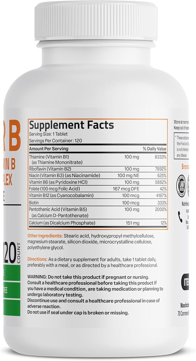 Bronson Vitamin B 100 Complex High Potency Sustained Release (Vitamin B1, B2, B3, B6, B9 - Folic Acid, B12), 120 Tablets
