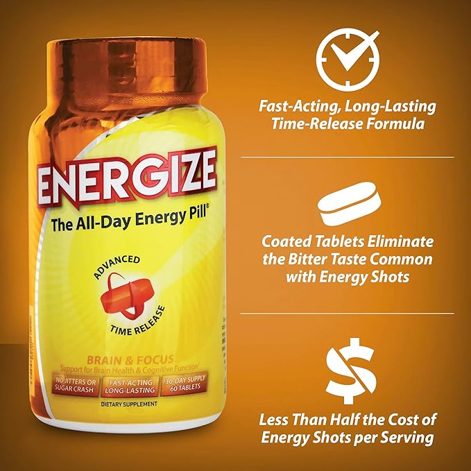 iSatori Energize Brain & Focus Caffeine Pills - Fast Acting All Day Energy Pills, Brain Booster, Energy and Focus Supplement, Time Release Caffeine Means No Jitters, No Crash (60 Tablets)