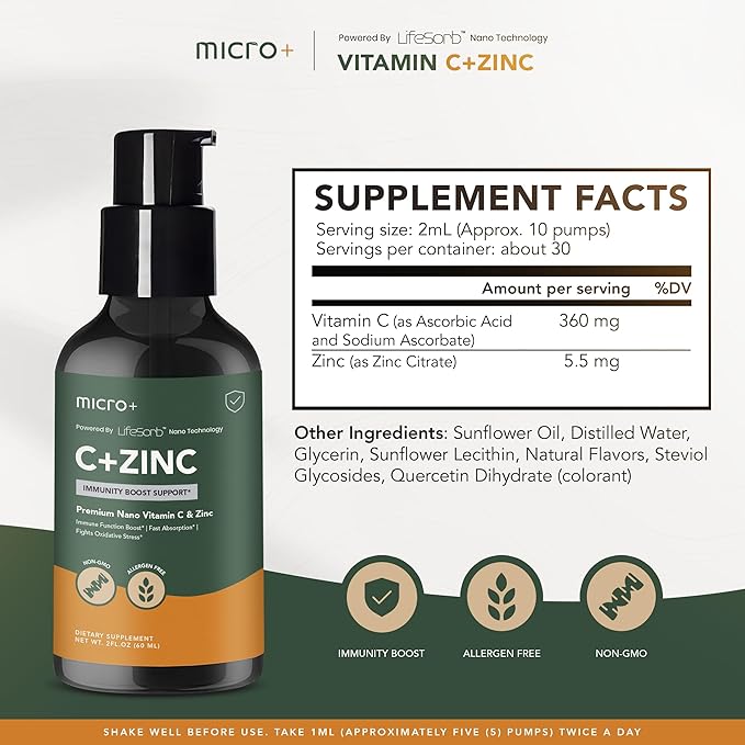 C&Zinc+ by Micro+ Advanced Immune Support Supplement – Vitamin C and Zinc with LifeSorb Nano-Technology for Enhanced Absorption