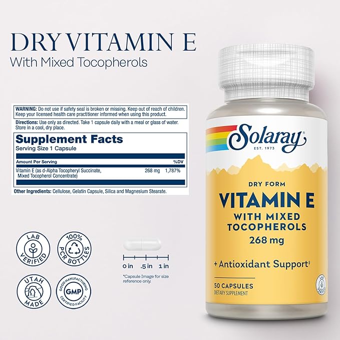 SOLARAY Vitamin E 400 IU (268mg), Dry Form with Mixed Tocopherols Vitamin E - Antioxidant Supplement, PMS and Menopause Support - 60-Day Guarantee, Lab Verified - 50 Servings, 50 Capsules