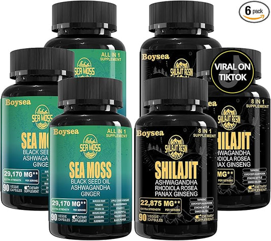 Boysea.Shilajit and Sea Moss Bundle - Sea Moss (7000mg), Ashwagandha (2000mg), Black Seed Oil (4000mg), Ginger & Shilajit (9000mg), Rhodiola Rosea (1000mg) – 90 Count (3 Pack)