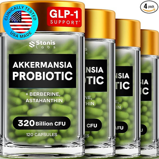 Akkermansia Probiotic 320 Billion CFU| GLP-1 Probiotic and Prebiotic | Akkermansia Muciniphila Probiotics For Women Digestive Health | Inulin Prebiotic Fiber Capsules Astaxanthin & Berberine 480 count
