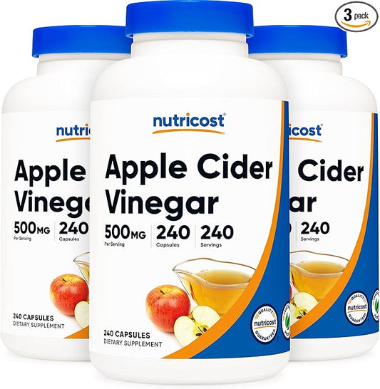 Nutricost Apple Cider Vinegar 500mg, 240 Vegetarian Capsules - Natural, Non-GMO, and Gluten Free (3 Bottles)