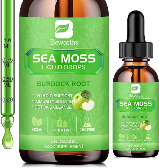 Sea Moss Liquid Drops - Organic Irish Sea Moss Gel with Burdock Root, Vitamin C, B12, 3000mg Seamoss Gel Supplement for Immune, Joint, Detox Cleanse & Digestive Support - 2 Fl Oz