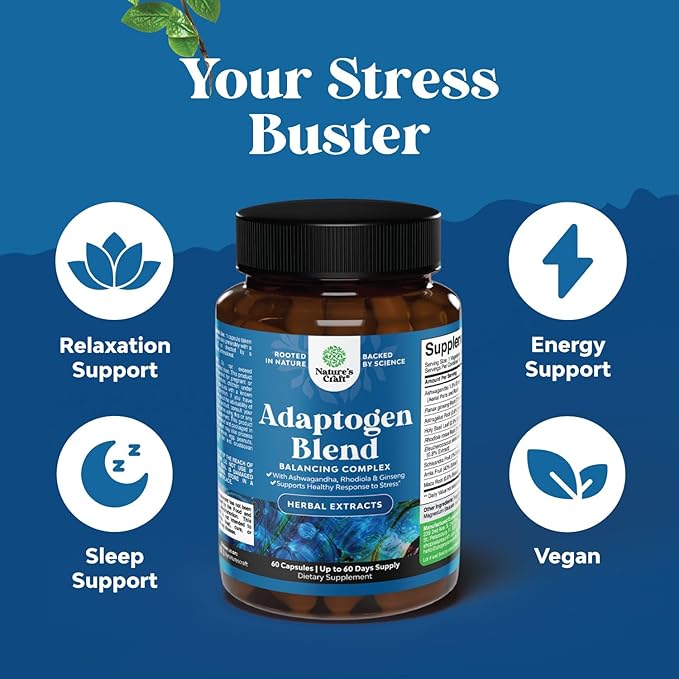 Herbal Adaptogen Mood Support Supplement - Calming Adaptogens Supplement for Stress & Cortisol Management with Ashwagandha Rhodiola Rosea & Maca Root - Vegan Non GMO & Daytime Friendly - 60ct