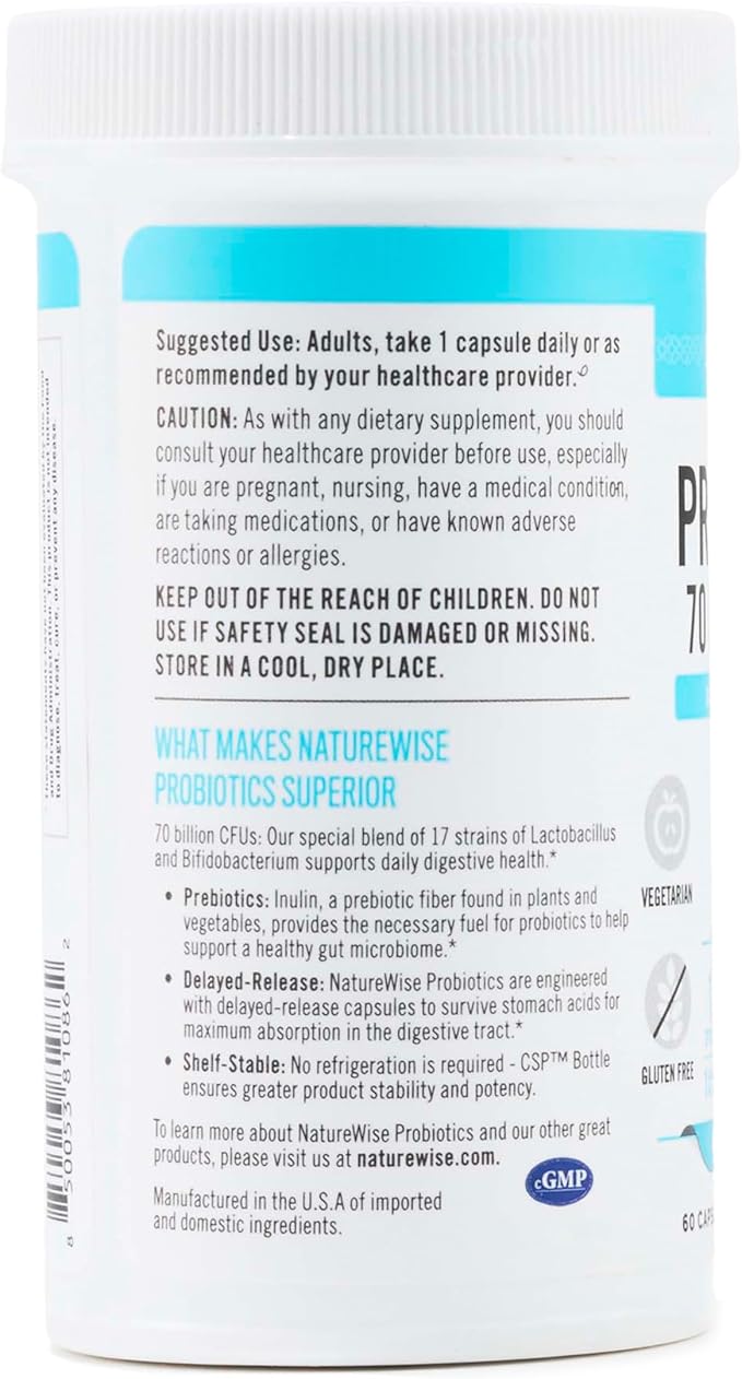NatureWise Probiotics 70 Billion CFU - 17 Strains + Organic Prebiotics - Immune, Digestive & Gut Health Support for Women & Men - Vegetarian, Gluten-Free, Non-GMO - 60 Capsules[2-Month Supply]