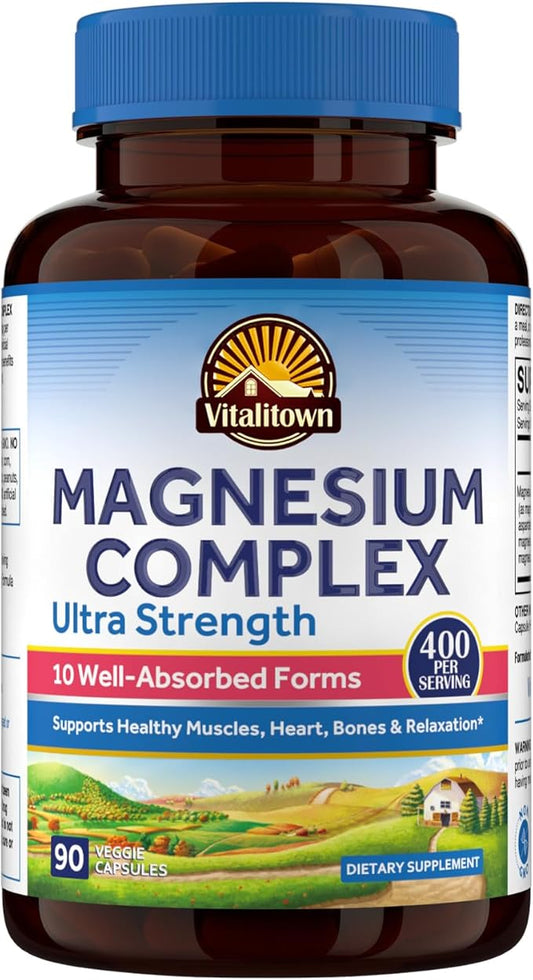 Vitalitown 10 in 1 Magnesium Complex Supplement - 400mg Elemental Magnesium Chelated with Glycinate, Citrate, Malate, Taurate & More - Magnesium for Sleep Muscle Heart Energy - Non-GMO, Vegan, 90 Caps